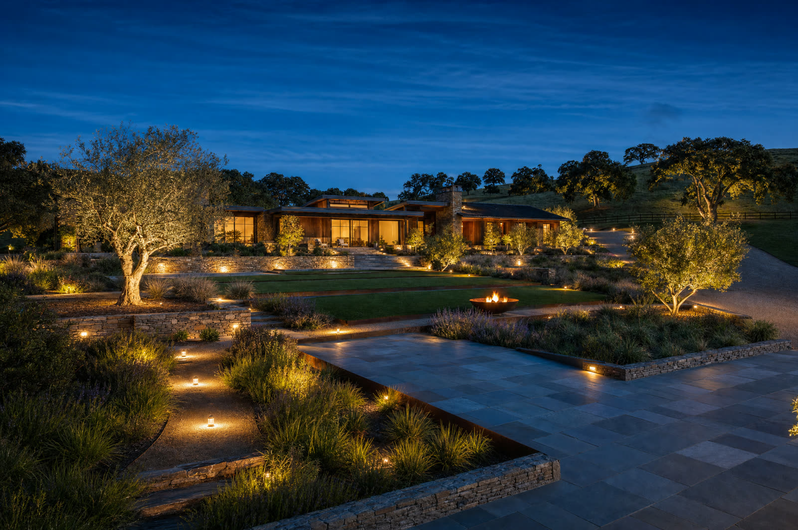 Garden lit at twilight